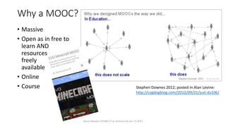 Why a MOOC?
• Massive
• Open as in free to
learn AND
resources
freely
available
• Online
• Course
Vance Stevens EVOMC17 at Techno CLIL Jan 15 2017
Stephen Downes 2012; posted in Alan Levine:
http://cogdogblog.com/2012/09/21/just-ds106/
 