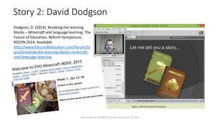 Story 2: David Dodgson
Vance Stevens EVOMC17 at Techno CLIL Jan 15 2017
Dodgson, D. (2014). Breaking the learning
blocks – Minecraft and language learning. The
Future of Education, Reform Symposium,
RSCON 2014. Available:
http://www.futureofeducation.com/forum/to
pics/breaking-the-learning-blocks-minecraft-
and-language-learning.
 