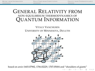 METRIC FROM INFORMATION SPACE-TIME FROM COMPUTATION GRAVITY FROM THERMODYNAMICS
GENERAL RELATIVITY FROM
NON-EQUILIBRIUM THERMODYNAMICS OF
QUANTUM INFORMATION
VITALY VANCHURIN
UNIVERSITY OF MINNESOTA, DULUTH
based on arxiv:1603.07982, 1706.02229, 1707.05004 and “shoulders of giants”
 