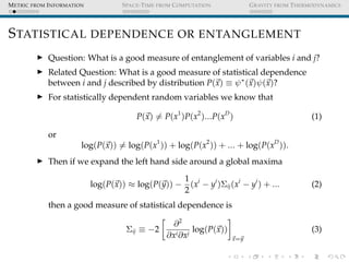 METRIC FROM INFORMATION SPACE-TIME FROM COMPUTATION GRAVITY FROM THERMODYNAMICS
STATISTICAL DEPENDENCE OR ENTANGLEMENT
Que...