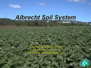 Albrecht Soil System

Eltjo van Cingel M.Sc. P.Ag
Agronomist/Consultant
Soil Crop & Water Solutions Ltd.

 