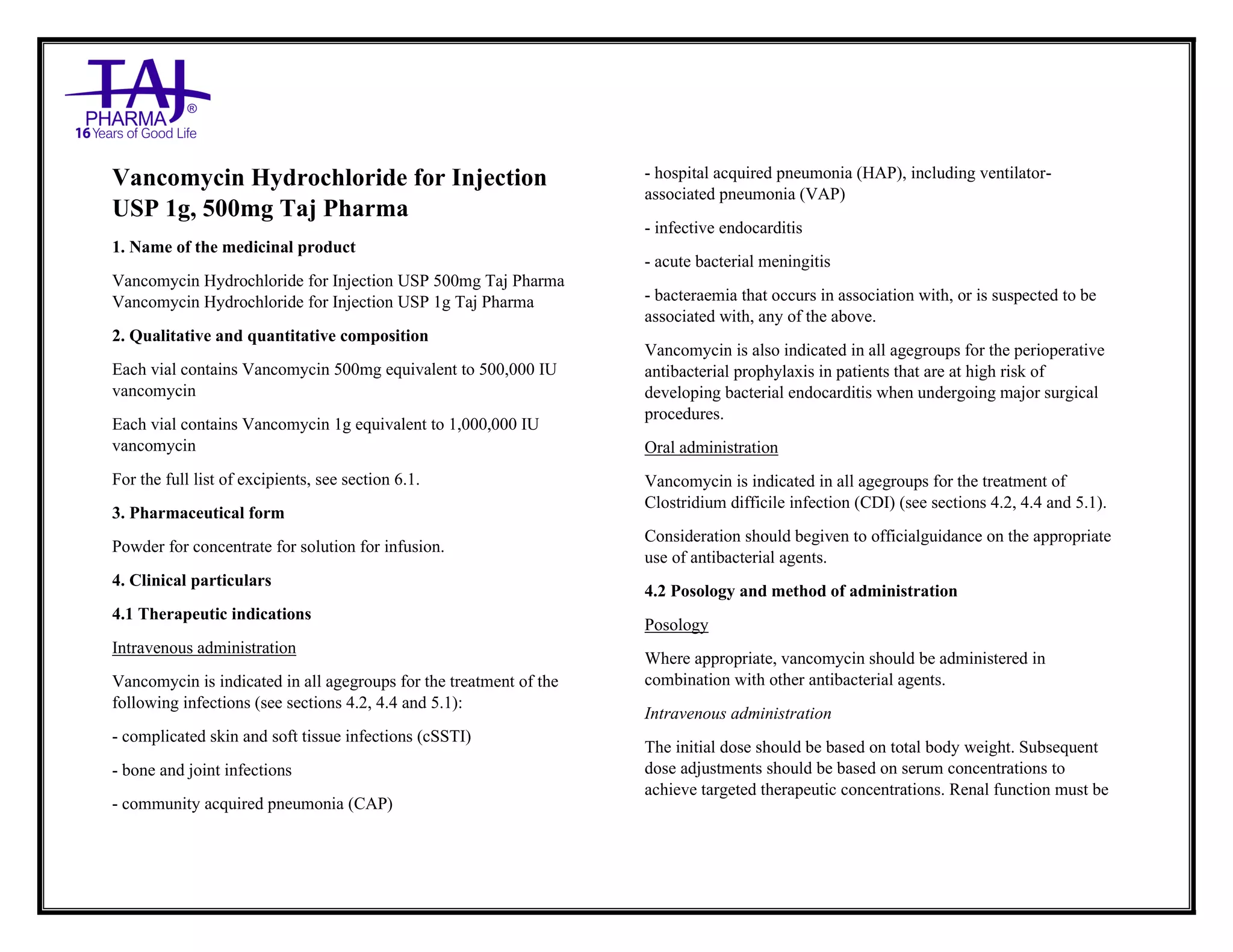 Vancomycin Hydrochloride for Injection Taj Pharma SmPC | PDF