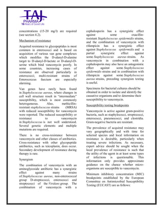 Vancomycin Hydrochlori de fo rinjection USP 250 mg Taj Pharma: Uses, Side Effects, Inte ractions, Pictu res, Warnings, Vancomycin Hydrochl oride forinjec tion USP 250mg Taj P harma Dosage & Rx Info | Vancomycin Hydrochlo ride fo rinjectio n USP 250mg Taj Pha rma Us es, Side Effects, Vancomycin Hydrochloride forinjec tion USP 250mg Taj P harma : I ndications, Side Ef fects, Warnings, Vanco mycin Hydrochloride forinjec tion USP 250mg Taj P harma - Drug Inf orma tion - TajP harma, Vancomycin Hydrochl oride f orinjecti on USP 250mg Taj Pha rma d ose Taj pharmace uticals Vancomycin Hydrochlo ride fo rin jection USP 250mg Taj Pha rma in teractio ns, Taj Pharmaceu tical Vancomycin Hydrochlo ride f orinjecti on USP 250mg Taj Pha rma con train dications, Vancomycin Hydrochloride forinjec tion USP 250mg Taj P harma price, Vanco mycin Hydrochlorid e fori njection
USP 250mg Taj PharmaTajP harma Vancomycin Hydrochlo ride fo rinjectio n USP 250mg Taj Pha rma PIL - TajPha rma Stay con nected t o all update d on Vanco mycin Hydrochloride forinjec tion USP 250mg Taj Pha rmaTaj P harmaceu ticals Taj pharmaceu ticals. Patient Inf orma tion Leafle ts, PIL.
concentrations (15-20 mg/l) are required
(see section 4.2).
Mechanism of resistance
Acquired resistance to glycopeptides is most
common in enterococci and is based on
acquisition of various van gene complexes
which modifies the D-alanyl-D-alanine
target to D-alanyl-D-lactate or D-alanyl-D-
serine which bind vancomycin poorly. In
some countries, increasing cases of
resistance are observed particularly in
enterococci; multi-resistant strains of
Enterococcus faecium are especially
alarming.
Van genes have rarely been found
in Staphylococcus aureus, where changes in
cell wall structure result in “intermediate”
susceptibility, which is most commonly
heterogeneous. Also, methicillin-
resistant staphylococcus strains (MRSA)
with reduced susceptibility for vancomycin
were reported. The reduced susceptibility or
resistance to vancomycin
in Staphylococcus is not well understood.
Several genetic elements and multiple
mutations are required.
There is no cross-resistance between
vancomycin and other classes of antibiotics.
Cross-resistance with other glycopeptide
antibiotics, such as teicoplanin, does occur.
Secondary development of resistance during
therapy is rare.
Synergism
The combination of vancomycin with an
aminoglycoside antibiotic has a synergistic
effect against many strains
of Staphylococcus aureus, non-enterococcal
group D-streptococci, enterococci and
streptococci of the Viridans group. The
combination of vancomycin with a
cephalosporin has a synergistic effect
against some oxacillin-
resistant Staphylococcus epidermidis strains,
and the combination of vancomycin with
rifampicin has a synergistic effect
against Staphylococcus epidermidis and a
partial synergistic effect against
some Staphylococcus aureus strains. As
vancomycin in combination with a
cephalosporin may also have an antagonistic
effect against some Staphylococcus
epidermidis strains and in combination with
rifampicin against some Staphylococcus
aureus strains, preceding synergism testing
is useful.
Specimens for bacterial cultures should be
obtained in order to isolate and identify the
causative organisms and to determine their
susceptibility to vancomycin.
Susceptibility testing breakpoints
Vancomycin is active against gram-positive
bacteria, such as staphylococci, streptococci,
enterococci, pneumococci, and clostridia.
Gram-negative bacteria are resistant.
The prevalence of acquired resistance may
vary geographically and with time for
selected species and local information on
resistance is desirable, particularly when
treating severe infections. As necessary,
expert advice should be sought when the
local prevalence of resistance is such that
the utility of the agent in at least some types
of infections is questionable. This
information only provides approximate
guidance on the chance whether micro-
organisms are susceptible to vancomycin.
Minimum inhibitory concentration (MIC)
breakpoints established by the European
Committee on Antimicrobial Susceptibility
Testing (EUCAST) are as follows:
 