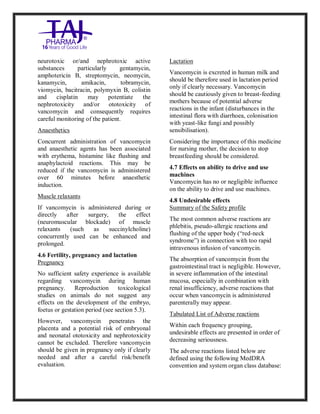 Vancomycin Hydrochlori de fo rinjection USP 250 mg Taj Pharma: Uses, Side Effects, Inte ractions, Pictu res, Warnings, Vancomycin Hydrochl oride forinjec tion USP 250mg Taj P harma Dosage & Rx Info | Vancomycin Hydrochlo ride fo rinjectio n USP 250mg Taj Pha rma Us es, Side Effects, Vancomycin Hydrochloride forinjec tion USP 250mg Taj P harma : I ndications, Side Ef fects, Warnings, Vanco mycin Hydrochloride forinjec tion USP 250mg Taj P harma - Drug Inf orma tion - TajP harma, Vancomycin Hydrochl oride f orinjecti on USP 250mg Taj Pha rma d ose Taj pharmace uticals Vancomycin Hydrochlo ride fo rin jection USP 250mg Taj Pha rma in teractio ns, Taj Pharmaceu tical Vancomycin Hydrochlo ride f orinjecti on USP 250mg Taj Pha rma con train dications, Vancomycin Hydrochloride forinjec tion USP 250mg Taj P harma price, Vanco mycin Hydrochlorid e fori njection
USP 250mg Taj PharmaTajP harma Vancomycin Hydrochlo ride fo rinjectio n USP 250mg Taj Pha rma PIL - TajPha rma Stay con nected t o all update d on Vanco mycin Hydrochloride forinjec tion USP 250mg Taj Pha rmaTaj P harmaceu ticals Taj pharmaceu ticals. Patient Inf orma tion Leafle ts, PIL.
neurotoxic or/and nephrotoxic active
substances particularly gentamycin,
amphotericin B, streptomycin, neomycin,
kanamycin, amikacin, tobramycin,
viomycin, bacitracin, polymyxin B, colistin
and cisplatin may potentiate the
nephrotoxicity and/or ototoxicity of
vancomycin and consequently requires
careful monitoring of the patient.
Anaesthetics
Concurrent administration of vancomycin
and anaesthetic agents has been associated
with erythema, histamine like flushing and
anaphylactoid reactions. This may be
reduced if the vancomycin is administered
over 60 minutes before anaesthetic
induction.
Muscle relaxants
If vancomycin is administered during or
directly after surgery, the effect
(neuromuscular blockade) of muscle
relaxants (such as succinylcholine)
concurrently used can be enhanced and
prolonged.
4.6 Fertility, pregnancy and lactation
Pregnancy
No sufficient safety experience is available
regarding vancomycin during human
pregnancy. Reproduction toxicological
studies on animals do not suggest any
effects on the development of the embryo,
foetus or gestation period (see section 5.3).
However, vancomycin penetrates the
placenta and a potential risk of embryonal
and neonatal ototoxicity and nephrotoxicity
cannot be excluded. Therefore vancomycin
should be given in pregnancy only if clearly
needed and after a careful risk/benefit
evaluation.
Lactation
Vancomycin is excreted in human milk and
should be therefore used in lactation period
only if clearly necessary. Vancomycin
should be cautiously given to breast-feeding
mothers because of potential adverse
reactions in the infant (disturbances in the
intestinal flora with diarrhoea, colonisation
with yeast-like fungi and possibly
sensibilisation).
Considering the importance of this medicine
for nursing mother, the decision to stop
breastfeeding should be considered.
4.7 Effects on ability to drive and use
machines
Vancomycin has no or negligible influence
on the ability to drive and use machines.
4.8 Undesirable effects
Summary of the Safety profile
The most common adverse reactions are
phlebitis, pseudo-allergic reactions and
flushing of the upper body (“red-neck
syndrome”) in connection with too rapid
intravenous infusion of vancomycin.
The absorption of vancomycin from the
gastrointestinal tract is negligible. However,
in severe inflammation of the intestinal
mucosa, especially in combination with
renal insufficiency, adverse reactions that
occur when vancomycin is administered
parenterally may appear.
Tabulated List of Adverse reactions
Within each frequency grouping,
undesirable effects are presented in order of
decreasing seriousness.
The adverse reactions listed below are
defined using the following MedDRA
convention and system organ class database:
 