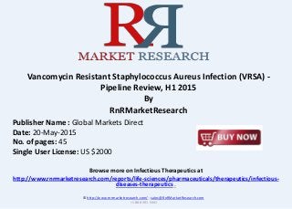 Browse more on Infectious Therapeutics at
http://www.rnrmarketresearch.com/reports/life-sciences/pharmaceuticals/therapeutics/infectious-
diseases-therapeutics .
Vancomycin Resistant Staphylococcus Aureus Infection (VRSA) -
Pipeline Review, H1 2015
By
RnRMarketResearch
© http://www.rnrmarketresearch.com/ ; sales@RnRMarketResearch.com
+1 888 391 5441
Publisher Name : Global Markets Direct
Date: 20-May-2015
No. of pages: 45
Single User License: US $2000
 