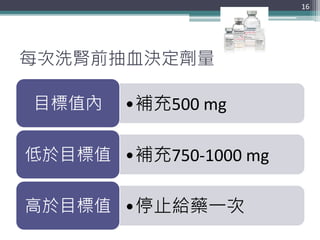 每次洗腎前抽血決定劑量
•補充500 mg目標值內
•補充750-1000 mg低於目標值
•停止給藥一次高於目標值
16
 