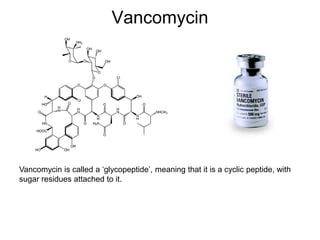 Vancomycin
Vancomycin is called a ‘glycopeptide’, meaning that it is a cyclic peptide, with
sugar residues attached to it.
 