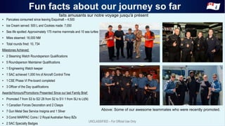 Fun facts about our journey so far
• Pancakes consumed since leaving Esquimalt – 4,500
• Ice Cream served: 500 L and Cookies made: 7,050
• Sea life spotted: Approximately 175 marine mammals and 10 sea turtles
• Miles steamed: 16,000 NM
• Total rounds fired: 10, 734
Milestones Achieved:
• 2 Steaming Watch Roundsperson Qualifications
• 5 Roundsperson Maintainer Qualifications
• 1 Engineering Watch keeper
• 1 SAC achieved 1,000 hrs of Aircraft Control Time
• 1 CSE Phase VI Pre-board completed
• 3 Officer of the Day qualifications
Awards/Honours/Promotions Presented Since our last Family Brief:
• Promoted 7 from S3 to S2/ 28 from S2 to S1/ 1 from SLt to Lt(N)
• 1 Canadian Forces Decoration and 2 Clasps
• 7 Gun Metal Sea Service Insignia and 1 Silver
• 3 Comd MARPAC Coins / 2 Royal Australian Navy BZs
• 2 SAC Specialty Badges
Above: Some of our awesome teammates who were recently promoted.
faits amusants sur notre voyage jusqu'à présent
 