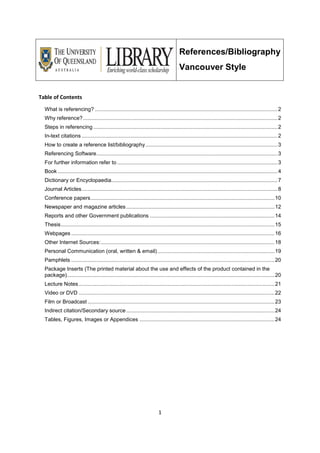 1 
References/Bibliography 
Vancouver Style 
Table of Contents 
What is referencing? ........................................