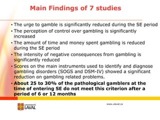 Main Findings of 7 studies

• The urge to gamble is significantly reduced during the SE period
• The perception of control...
