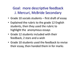 Goal:	
  	
  more	
  descripHve	
  feedback	
  
       J.	
  Mercuri,	
  McBride	
  Secondary	
  
•  Grade	
  10	
  socials	
  students	
  –	
  ﬁrst	
  drag	
  of	
  essay	
  
•  Explained	
  the	
  rubric	
  to	
  the	
  grade	
  12	
  English	
  
   students,	
  then	
  they	
  used	
  the	
  rubric	
  to	
  
   highlight	
  the	
  	
  anonymous	
  essays	
  
•  Grade	
  12	
  students	
  included	
  with	
  their	
  
   feedback,	
  2	
  stars	
  and	
  a	
  wish	
  
•  Grade	
  10	
  students	
  used	
  the	
  feedback	
  to	
  revise	
  
   their	
  essay,	
  then	
  handed	
  them	
  in	
  for	
  marks	
  
 