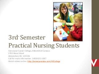 - Semester
3rd

Practical Nursing Students
Vancouver Career College, Abbotsford Campus
2702 Ware Street
Abbotsford, BC, V2S 5E6
Call for more information: 1-800-651-1067
Watch videos online: http://www.youtube.com/VCCollege

 