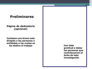 Preliminares
Página de dedicatoria
(opcional)
Contiene una breve nota
dirigida a las personas o
entidades a las cuales se
les dedica el trabajo Con toda
gratitud a todas
las personas que
contribuyeron al
éxito de esta
investigación
 