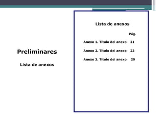 Lista de anexos
Pág.
Preliminares
Lista de anexos
Anexo 1. Título del anexo 21
Anexo 2. Título del anexo 23
Anexo 3. Título del anexo 29
 