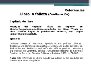 Referencias
Libro o folleto (Continuación)
Capitulo de libro
Autor/es del capítulo. Título del capítulo. En:
director/coordinador/editor/compilador del libro. Título del
libro. Edición. Lugar de publicación: Editorial; año. página
inicial-final del capítulo.
Ejemplo:
Otalvaro Orrego JC, Fernández Agudelo M. Las políticas públicas :
dispositivo de administración pública o atributo del poder político?. En:
Roth Dubel AN. Análisis y evaluación de políticas públicas : debates y
experiencias en Colombia. Bogotá : Universidad Nacional de Colombia,
Facultad de Derecho, Ciencias Políticas y Sociales; 2009. p. 77-107.
Nota: Esta referencia se utiliza cuando los autores de los capítulos son
diferentes al autor compilador.
 