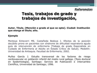 Referencias
Tesis, trabajos de grado y
trabajos de investigación,
Autor. Título. [Mención o grado al que se opta]. Ciudad: Institución
que otorga el título; año.
Ejemplo
Montoya Echeverri ME, Castañeda Bedoya J. Efectos de la posición
decúbito prono en pacientes con síndrome de dificultad respiratoria aguda
guía de intervención de enfermería [Trabajo de grado Especialista en
Cuidado de Enfermería al Adulto en Estado Crítico de Salud]. Medellín:
Universidad de Antioquia. Facultad de Enfermería; 2002.
Muñoz García J. Estudio transversal de los factores de riesgo
cardiovascular en población infantil del medio rural gallego. [Tesis doctoral
en Epidemiología]. Santiago: Servicio de Publicación e Intercambio
Científico, Universidad de Santiago; 1996.
 