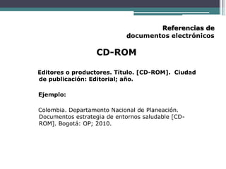 Referencias de
documentos electrónicos
CD-ROM
Editores o productores. Título. [CD-ROM]. Ciudad
de publicación: Editorial; año.
Ejemplo:
Colombia. Departamento Nacional de Planeación.
Documentos estrategia de entornos saludable [CD-
ROM]. Bogotá: OP; 2010.
 
