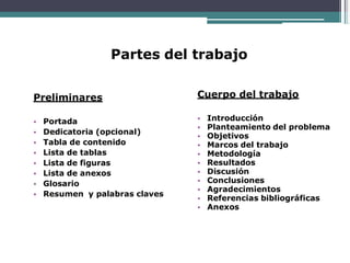 Partes del trabajo
Preliminares Cuerpo del trabajo
• Portada
• Dedicatoria (opcional)
• Tabla de contenido
• Lista de tablas
• Lista de figuras
• Lista de anexos
• Glosario
• Resumen y palabras claves
• Introducción
• Planteamiento del problema
• Objetivos
• Marcos del trabajo
• Metodología
• Resultados
• Discusión
• Conclusiones
• Agradecimientos
• Referencias bibliográficas
• Anexos
 