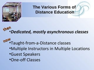 The Various Forms of  Distance Education Dedicated, mostly asynchronous classes Taught-from-a-Distance classes Multiple Instructors in Multiple Locations Guest Speakers One-off Classes then now 