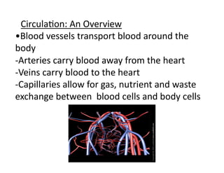 BCirculaFon:	
  An	
  Overview	
  
              Circula+on:	
  Ablood	
  around	
  the	
  
•Blood	
  vessels	
  transport	
           n	
  Overview	
  
body	
  
-­‐Arteries	
  carry	
  blood	
  away	
  from	
  the	
  heart	
  
-­‐Veins	
  carry	
  blood	
  to	
  the	
  heart	
  
-­‐Capillaries	
  allow	
  for	
  gas,	
  nutrient	
  and	
  waste	
  
exchange	
  between	
  	
  blood	
  cells	
  and	
  body	
  cells	
  
• ood	
  vessels	
  transport	
  blood	
  around	
  the	
  body	
  
- 	
  Arteries	
  carry	
  blood	
  away	
  from	
  the	
  heart	
  
- 	
  Veins	
  carry	
  blood	
  towards	
  the	
  heart	
  
- 	
  Capillaries	
  allow	
  for	
  gas,	
  nutrient	
  &	
  waste	
  
exchange	
  between	
  blood	
  cells	
  and	
  body	
  cells	
  
 