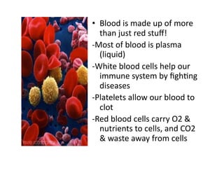 •  Blood	
  is	
  made	
  up	
  of	
  more	
  
    than	
  just	
  red	
  stuﬀ!	
  	
  
-­‐Most	
  of	
  blood	
  is	
  plasma	
  
    (liquid)	
  
-­‐White	
  blood	
  cells	
  help	
  our	
  
    immune	
  system	
  by	
  ﬁghFng	
  
    diseases	
  
-­‐Platelets	
  allow	
  our	
  blood	
  to	
  
    clot	
  
-­‐Red	
  blood	
  cells	
  carry	
  O2	
  &	
  
    nutrients	
  to	
  cells,	
  and	
  CO2	
  
    &	
  waste	
  away	
  from	
  cells	
  
 