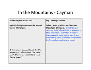 In	
  the	
  Mountains	
  -­‐	
  Cayman	
  
Something	
  that	
  Struck	
  me…	
                              My	
  Thinking	
  –	
  so	
  what?	
  

A	
  giraﬀe	
  freely	
  roams	
  near	
  the	
  base	
  of	
     When	
  I	
  went	
  to	
  Aﬀrica	
  we	
  ﬂew	
  over	
  
Mount	
  Kilimanjaro.	
                                           Mountaen	
  Kilimajaro.	
  	
  Even	
  thow	
  we	
  
                                                                  were	
  up	
  so	
  hy	
  it	
  looked	
  like	
  it	
  was	
  onle	
  a	
  
                                                                  liUle	
  was	
  Down.	
  	
  Even	
  thou	
  it	
  was	
  not	
  
                                                                  there	
  was	
  s+ll	
  snow	
  on	
  the	
  top.	
  	
  There	
  
                                                                  were	
  miney	
  types	
  of	
  anmels	
  like	
  elefents,	
  
                                                                  jraﬀs,	
  monkees,	
  zebras	
  and	
  more.	
  



I love your connections to the
mountain. How does the snow
level change on mountains near
Dease Lake?!
 