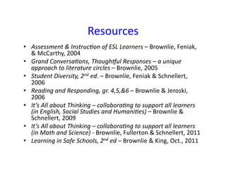Resources	
  	
  
•  Assessment	
  &	
  InstrucHon	
  of	
  ESL	
  Learners	
  –	
  Brownlie,	
  Feniak,	
  
   &	
  McCarthy,	
  2004	
  
•  Grand	
  ConversaHons,	
  ThoughMul	
  Responses	
  –	
  a	
  unique	
  
   approach	
  to	
  literature	
  circles	
  –	
  Brownlie,	
  2005	
  
•  Student	
  Diversity,	
  2nd	
  ed.	
  –	
  Brownlie,	
  Feniak	
  &	
  Schnellert,	
  
   2006	
  
•  Reading	
  and	
  Responding,	
  gr.	
  4,5,&6	
  –	
  Brownlie	
  &	
  Jeroski,	
  
   2006	
  
•  It’s	
  All	
  about	
  Thinking	
  –	
  collaboraHng	
  to	
  support	
  all	
  learners	
  
   (in	
  English,	
  Social	
  Studies	
  and	
  HumaniHes)	
  –	
  Brownlie	
  &	
  
   Schnellert,	
  2009	
  
•  It’s	
  All	
  about	
  Thinking	
  –	
  collaboraHng	
  to	
  support	
  all	
  learners	
  
   (in	
  Math	
  and	
  Science)	
  -­‐	
  Brownlie,	
  Fullerton	
  &	
  Schnellert,	
  2011	
  
•  Learning	
  in	
  Safe	
  Schools,	
  2nd	
  ed	
  –	
  Brownlie	
  &	
  King,	
  Oct.,	
  2011	
  
 