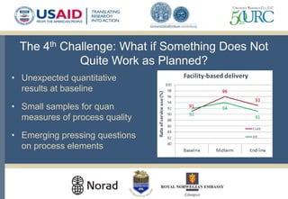 The 4th Challenge: What if Something Does Not
Quite Work as Planned?
• Unexpected quantitative
results at baseline
• Small samples for quan
measures of process quality
• Emerging pressing questions
on process elements
 
