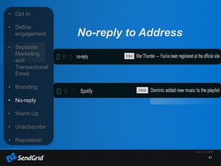 41
• Opt In
• Define
engagement
• Separate
Marketing
and
Transactional
Email
• Branding
• No-reply
• Warm Up
• Unsubscribe
• Reputation
No-reply to Address
 
