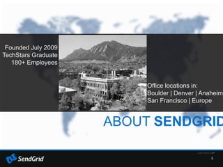 5
ABOUT SENDGRID
Founded July 2009
TechStars Graduate
180+ Employees
Office locations in:
Boulder | Denver | Anaheim
San Francisco | Europe
 