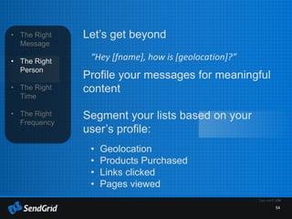 54
• The Right
Message
• The Right
Person
• The Right
Time
• The Right
Frequency
Let’s get beyond
“Hey [fname], how is [geolocation]?”
Profile your messages for meaningful
content
Segment your lists based on your
user’s profile:
• Geolocation
• Products Purchased
• Links clicked
• Pages viewed
 