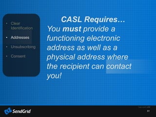 61
• Clear
Identification
• Addresses
• Unsubscribing
• Consent
CASL Requires…
You must provide a
functioning electronic
address as well as a
physical address where
the recipient can contact
you!
 
