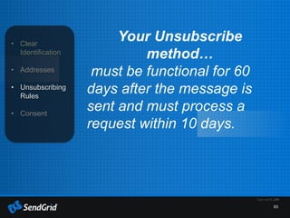 63
• Clear
Identification
• Addresses
• Unsubscribing
Rules
• Consent
Your Unsubscribe
method…
must be functional for 60
days after the message is
sent and must process a
request within 10 days.
 