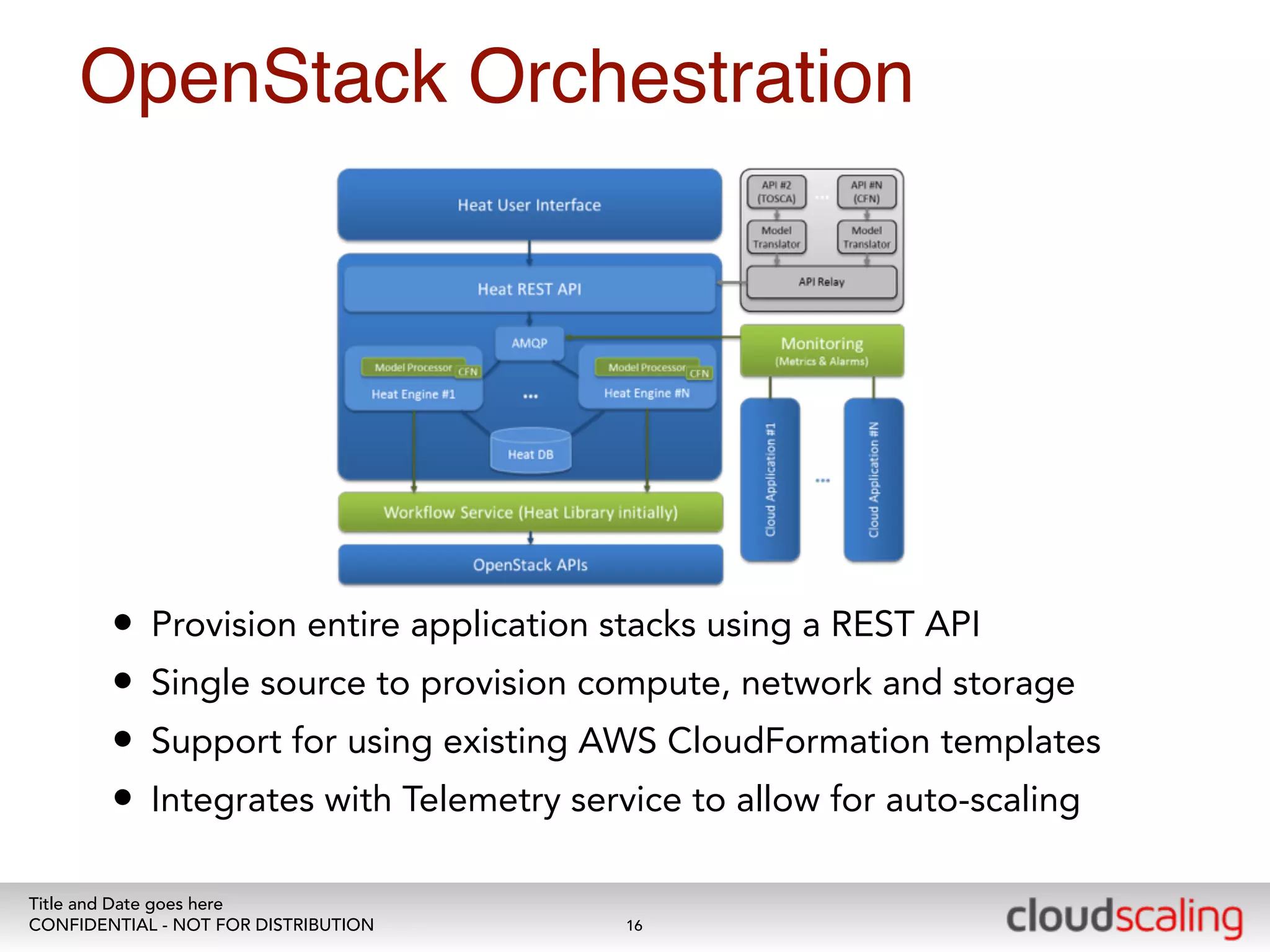 OpenStack Orchestration 
• Provision entire application stacks using a REST API 
• Single source to provision compute, network and storage 
• Support for using existing AWS CloudFormation templates 
• Integrates with Telemetry service to allow for auto-scaling 
Title and Date goes here 
CONFIDENTIAL - NOT FOR DISTRIBUTION 
16 
 