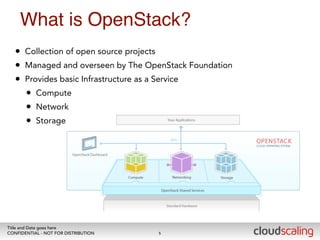 What is OpenStack? 
• Collection of open source projects 
• Managed and overseen by The OpenStack Foundation 
• Provides basic Infrastructure as a Service 
• Compute 
• Network 
• Storage 
Title and Date goes here 
CONFIDENTIAL - NOT FOR DISTRIBUTION 
5 
 
