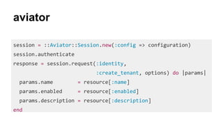 aviator
session = ::Aviator::Session.new(:config => configuration)
session.authenticate
response = session.request(:identity,
:create_tenant, options) do |params|
params.name = resource[:name]
params.enabled = resource[:enabled]
params.description = resource[:description]
end
 