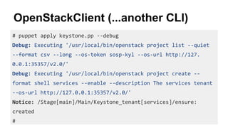 OpenStackClient (...another CLI)
# puppet apply keystone.pp --debug
Debug: Executing '/usr/local/bin/openstack project list --quiet
--format csv --long --os-token sosp-kyl --os-url http://127.
0.0.1:35357/v2.0/'
Debug: Executing '/usr/local/bin/openstack project create --
format shell services --enable --description The services tenant
--os-url http://127.0.0.1:35357/v2.0/'
Notice: /Stage[main]/Main/Keystone_tenant[services]/ensure:
created
#
 