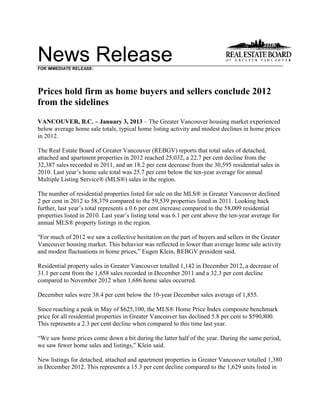News Release
FOR IMMEDIATE RELEASE:




Prices hold firm as home buyers and sellers conclude 2012
from the sidelines
VANCOUVER, B.C. – January 3, 2013 – The Greater Vancouver housing market experienced
below average home sale totals, typical home listing activity and modest declines in home prices
in 2012.

The Real Estate Board of Greater Vancouver (REBGV) reports that total sales of detached,
attached and apartment properties in 2012 reached 25,032, a 22.7 per cent decline from the
32,387 sales recorded in 2011, and an 18.2 per cent decrease from the 30,595 residential sales in
2010. Last year’s home sale total was 25.7 per cent below the ten-year average for annual
Multiple Listing Service® (MLS®) sales in the region.

The number of residential properties listed for sale on the MLS® in Greater Vancouver declined
2 per cent in 2012 to 58,379 compared to the 59,539 properties listed in 2011. Looking back
further, last year’s total represents a 0.6 per cent increase compared to the 58,009 residential
properties listed in 2010. Last year’s listing total was 6.1 per cent above the ten-year average for
annual MLS® property listings in the region.

"For much of 2012 we saw a collective hesitation on the part of buyers and sellers in the Greater
Vancouver housing market. This behavior was reflected in lower than average home sale activity
and modest fluctuations in home prices,” Eugen Klein, REBGV president said.

Residential property sales in Greater Vancouver totalled 1,142 in December 2012, a decrease of
31.1 per cent from the 1,658 sales recorded in December 2011 and a 32.3 per cent decline
compared to November 2012 when 1,686 home sales occurred.

December sales were 38.4 per cent below the 10-year December sales average of 1,855.

Since reaching a peak in May of $625,100, the MLS® Home Price Index composite benchmark
price for all residential properties in Greater Vancouver has declined 5.8 per cent to $590,800.
This represents a 2.3 per cent decline when compared to this time last year.

“We saw home prices come down a bit during the latter half of the year. During the same period,
we saw fewer home sales and listings,” Klein said.

New listings for detached, attached and apartment properties in Greater Vancouver totalled 1,380
in December 2012. This represents a 15.3 per cent decline compared to the 1,629 units listed in
 