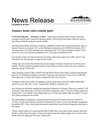 News Release
FOR IMMEDIATE RELEASE:



January home sales remain quiet
VANCOUVER, B.C. – February 4, 2013 – Home buyer demand remains below historical
averages in the Greater Vancouver housing market. This has led some home sellers to remove
their homes from the market in recent months.

The Real Estate Board of Greater Vancouver (REBGV) reports that residential property sales in
Greater Vancouver reached 1,351 on the Multiple Listing Service® (MLS®) in January 2013.
This represents a 14.3 per cent decrease compared to the 1,577 sales recorded in January 2012,
and an 18.3 per cent increase compared to the 1,142 sales in December 2012.

Last month’s sales were the second lowest January total in the region since 2001 and 18.7 per
cent below the 10-year sales average for the month.

“Home sale activity has been below historical averages in Greater Vancouver for about seven
months. This has caused a gradual decline in home prices of about 6 per cent since reaching a
peak last spring,” Klein said.

Since reaching a peak in May of $625,100, the MLS® Home Price Index composite benchmark
price for all residential properties in Greater Vancouver has declined 5.9 per cent to $588,100.
This represents a 2.8 per cent decline compared to this time last year.

“It appears many home sellers are opting to remove their homes from the market rather than
settle for a price they don’t want,” Eugen Klein, REBGV president said.

New listings for detached, attached and apartment properties in Greater Vancouver totalled 5,128
in January. This represents a 10.9 per cent decline compared to the 5,756 new listings reported in
January 2012. Last month’s new listing count was 18.9 per cent higher than the region’s 10-year
new listing average for the month.

The total number of properties currently listed for sale on the Greater Vancouver MLS® is
13,246, a 5.6 per cent increase compared to January 2012 and a 4.5 per cent decline compared to
December 2012. This is the fourth consecutive month that overall home listings have declined in
the region.

“When a home seller isn’t receiving the kind of offers they want, there comes a point when they
decide to either lower the price or remove the home from the market. Right now, it seems many
home sellers are opting for the latter,” Klein said.
 