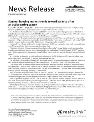 News Release
FOR IMMEDIATE RELEASE



Summer housing market trends toward balance after
an active spring season
VANCOUVER, B.C. – July 5, 2011 –Home sellers outpaced buyers on Greater Vancouver’s Multiple Listings
Service® (MLS®) in June, drawing the market back toward balance this summer.
  The Real Estate Board of Greater Vancouver (REBGV) reports that residential property sales of detached, at-
tached and apartment properties reached 3,262 in June, a 9.8 per cent increase compared to the 2,972 sales in June
2010 and a 3.4 per cent decline compared to the 3,377 sales in May 2011.
  New listings for detached, attached and apartment properties in Greater Vancouver totalled 5,793 in June. This
represents a 4.5 per cent increase compared to June 2010 when 5,544 properties were listed for sale on the MLS®
and a 2.3 per cent decline compared to the 5,931 new listings reported in May 2011.
  Last month’s new listing total was 9.8 per cent higher than the 10-year average for June, while residential sales
were 7.3 per cent below the ten-year average for sales in June.
  “With sales below the 10-year average and home listings above what’s typical for the month, activity in June
brought closer alignment between supply and demand in our marketplace,” Rosario Setticasi, REBGV president
said. “With a sales-to-active-listings ratio of nearly 22 per cent, it looks like we’re in the upper end of a balanced
market.”
  At 15,106, the total number of residential property listings on the MLS® increased 3.1 per cent in June com-
pared to last month and declined 14 per cent from this time last year.
  The MLSLink® Housing Price Index (HPI) benchmark price for all residential properties in Greater Vancouver
over the last 12 months has increased 8.7 per cent to $630,921 in June 2011 from $580,237 in June 2010.
   “The largest price increases continue to be in the detached home market on the westside of Vancouver and in
West Vancouver,” Setticasi said. “Since the end of May, the benchmark price of a detached home rose more than
$147,000 on the westside of Vancouver and over $80,000 in West Vancouver. Detached home prices in Richmond,
however, levelled off slightly, declining $25,000 in June.”
  Sales of detached properties on the MLS® in June 2011 reached 1,471, an increase of 29.1 per cent from the
1,139 detached sales recorded in June 2010, and an 11.8 per cent decrease from the 1,667 units sold in June 2009.
The benchmark price for detached properties increased 13.4 per cent from June 2010 to $901,680.
  Sales of apartment properties reached 1,266 in June 2011, a 0.6 per cent increase compared to the 1,258 sales in
June 2010, and a decrease of 29.3 per cent compared to the 1,790 sales in June 2009. The benchmark price of an
apartment property increased 3.5 per cent from June 2010 to $405,200.
  Attached property sales in June 2011 totalled 525, an 8.7 per cent decrease compared to the 575 sales in June
2010, and a 34.5 per cent decrease from the 802 attached properties sold in June 2009. The benchmark price of an
attached unit increased 6 per cent between June 2010 and 2011 to $522,424.
                                                                           -30-

    The real estate industry is a key economic driver in British Columbia. In 2010, 30,595 homes changed ownership in the Board's area, generating
    $1.28 billion in spin-off activity and 8,567 jobs. The total dollar value of residential sales transacted through the MLS® system in Greater Vancou-
    ver totalled $21 billion in 2010. The Real Estate Board of Greater Vancouver is an association representing more than 10,000 REALTORS® and
    their companies. The Board provides a variety of member services, including the Multiple Listing Service®. For more information on real estate,
    statistics, and buying or selling a home, contact a local REALTOR® or visit www.rebgv.org.




For more information please contact:
Craig Munn, Assistant Manager, Communications
Real Estate Board of Greater Vancouver
Phone: (604) 730-3146 Fax: (604) 730-3102
E-mail: cmunn@rebgv.org                                                                             also available at  www.realtylink.org
 