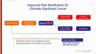 ©2017 All rights reserved
30
Routine Screening
Elevated PSA,
Abnormal DRE
Very Low Risk
for GS ≥ 7 PCa
Consider
Biopsy or MRI
Increased Risk
for GS ≥ 7 PCa
99.6% NPV for GS ≥8
98% NPV for GS ≥7
Very Low Risk
Avoid Biopsy
For patients being considered for initial prostate biopsy
 Identify men at high risk for aggressive cancer
 Assay performed on non-invasive, urine sample
Improved Risk Stratification for
Clinically Significant Cancer
 
