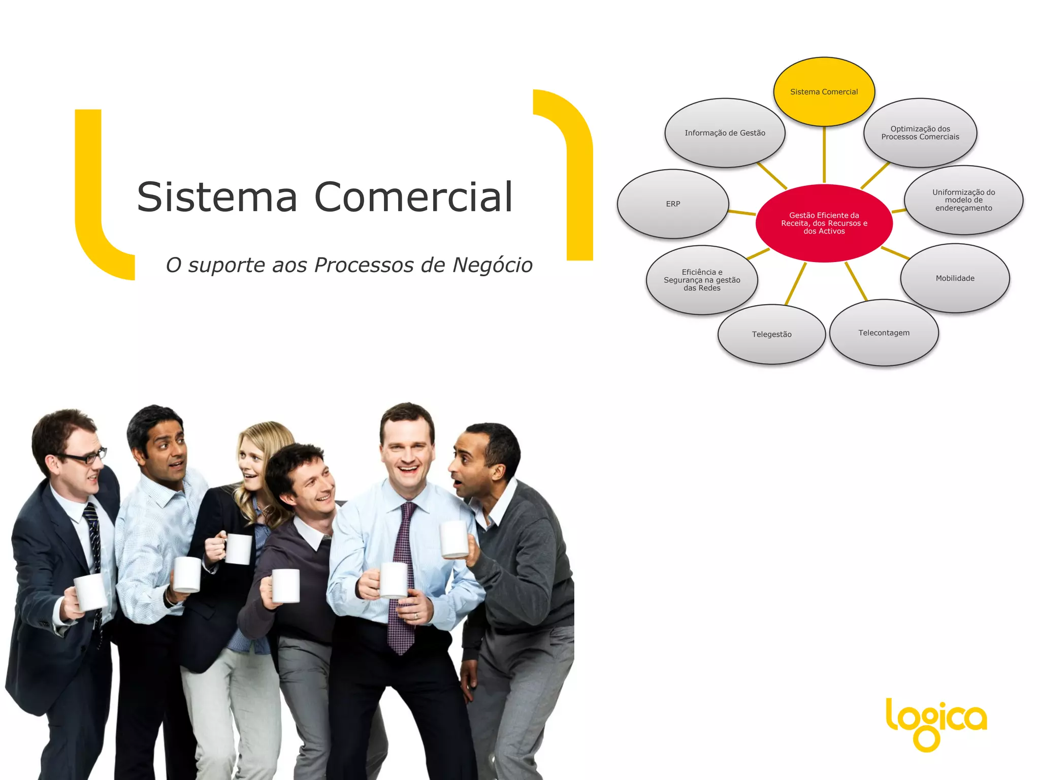 Sistema Comercial




                                                                                                Optimização dos
                                            Informação de Gestão
                                                                                              Processos Comerciais




Sistema Comercial                     ERP
                                                                     Gestão Eficiente da
                                                                   Receita, dos Recursos e
                                                                                                           Uniformização do
                                                                                                              modelo de
                                                                                                            endereçamento


                                                                         dos Activos




 O suporte aos Processos de Negócio       Eficiência e
                                                                                                           Mobilidade
                                      Segurança na gestão
                                          das Redes




                                                            Telegestão                   Telecontagem
 
