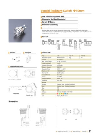Operation Description
Vandal Resistant Switch Φ19mm
Anti-Vandal IK09/ Sealed IP65
Illuminated And Non-Illuminated
Variety Of Colors
Momentary/ Latching
Momentary: Means that when you push Switch and then move your finger, the actuator will back to the original position;
Latching: Means that when you push Switch once it will change state and stay in this pushed-down position and will not come back
to oniginal position unless you push it again.
Order Code
Technical Data
Suggested Panel Cutout
Dimension
Yueqing Langir Electric Co., Ltd. www.langir.com Catalogue 11
Type
Illuminated Options
Terminal
Max. Switch Rating
Contact Resistance
Insulation Resistance
Dielectric Strengh
Operation Temp
Mechanical Life
Electrical Life
Contact Material
Torque
Operation Pressure
Protection
Material
Actuator
Body
Base
Type
Voltage
Color
Life
Stainless Steel/ *Anodized Aluminum
Stainless Steel/ *Anodized Aluminum
PBT
LED
6V/ 12V/ 24V/ 36V/ 110V/ 230V
Approx, 40,000 hours
L19A-F/R
Ring
L19A-F/D
Dot
L19A-F
Non-Illrminated
Pin (2.8X0.5)
Ith:5A Ui:250VAC
≤50mΩ
≥1000mΩ
2000VAC
-20℃ ~+55℃
1,000,000 Cycles
50,000 Cycles
Silver Alloy
5~14Nm
approx. 5N
IP65/ IK09
 