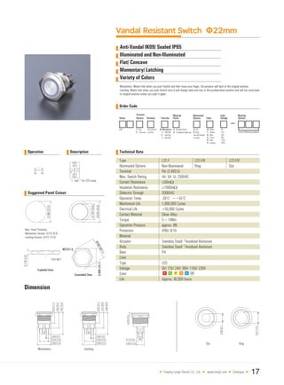 Operation Description
Vandal Resistant Switch Φ22mm
Anti-Vandal IK09/ Sealed IP65
Illuminated and Non-Illuminated
Flat/ Concave
Momentary/ Latching
Variety of Colors
Momentary: Means that when you push Switch and then move your finger, the actuator will back to the original position;
Latching: Means that when you push Switch once it will change state and stay in this pushed-down position and will not come back
to oniginal position unless you push it again.
Order Code
Technical Data
Suggested Panel Cutout
Dimension
Yueqing Langir Electric Co., Ltd. www.langir.com Catalogue 17
Type
Illuminated Options
Terminal
Max. Switch Rating
Contact Resistance
Insulation Resistance
Dielectric Strengh
Operation Temp
Mechanical Life
Electrical Life
Contact Material
Torque
Operation Pressure
Protection
Material
Actuator
Body
Base
Color
Type
Voltage
Color
Life
Stainless Steel/ *Anodized Aluminum
Stainless Steel/ *Anodized Aluminum
PA
LED
6V/ 12V/ 24V/ 36V/ 110V/ 230V
Approx, 40,000 hours
L22-F/R
Ring
L22-F/D
Dot
L22-F
Non-llluminated
Pin (2.8X0.5)
Ith: 5A Ui: 250VAC
≤50mΩ
≥1000mΩ
2000VAC
-20℃ ~+55℃
1,000,000 Cycles
>50,000 Cycles
Silver Alloy
5~14Nm
approx. 8N
IP65/ IK10
 