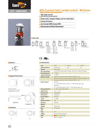 BIG Current Anti vandal switch Φ22mm
Big range current:
3A 5A 8A 10A (15A)16A 20A(21A)
Snap action, compact design, suit for small space
Variety Of Colors
Anti-Vandal IK09/ Sealed IP65
Illuminated and Non-Illuminated
Order Code
Series Function Color
L22B F- Flat S- Stainless Steel
Custom Markings Available
Operation Technical Data
2
1
3
C C
Suggested Panel Cutout
Shock resistance
Illuminated
LED
6V/ 12V/ 24V/ 36V/ 110V/ 230V
R G Y O B W
Approx. 40, 000hours
Actuator
Options Terminal
Current
Voltage
Material
Finish
Illuminated
Options
Color
Voltage
Marking
Current
6.35X0.8(#250)
quick connect terminal
(T=0.8) blank
M- Momentary
1 1NO (SPST)
2 1NC (SPST)
3 1NO1NC (SPDT)
Z- Latching
1 1NO (SPST)
2 1NC (SPST)
3 1NO1NC (SPDT)
02- 2.5A
03- 3A
05- 5A
08- 8A
10- 10A
16- 16A
21- 21A
D6- 0.6A/ 125VDC
D3- 0.3A/ 250VDC
D- Dot
R- Ring
Non-Illuminated blank
W- White
Y- Yellow
B- Blue
G- Green
R- Red
O- Orange 230V
6V
12V
24V
36V
110V
Type
Illuminated Options
Terminal
Max. Switch Rating
Contact Resistance
Insulation Resistance
Dielectric Strengh
L22B-F/R
Ring
L22B-F/D
Dot
NC
NO
Vibration Resistance
Ambient Temp.
Mechanical Life
Electrical Life
Contact Material
Torque
Operation Pressure
Protection
Material
Actuator
Body
Color
Type
Voltage
Color
Life
Stainless Steel
Stainless Steel
L22B-F
Non-Illuminated
PIN (6.35x0.8)
3A 5A 8A 10A 15A(16A) 20A(21A)/ 250VAC, 125VAC 0.6A/ 125VDC 0.3A/ 250VDC
≤25mΩ
≥100mΩ
Between non-consecutive terminals 1,000Vrms, 50/60Hz for 1min
Between non-current carrying metal parts and each terminal 1,500Vrms, 50/60Hz for 1min
Between ground and each terminal 1,500Vrms, 50/60Hz for 1min
Detruction:
O.F.>0.5N: 1000m/s2 (approx. 100g), O.F.≤0.5N: 400m/s2 (approx. 40g)
Malfunction:
O.F.>0.5N: 200m/s2 (approx. 20g), O.F.≤0.5N: 100m/s2 (approx. 10g)
10 - 50Hz, 1.5mm Double Amplitude
-25℃~+85℃
2,000,000cycles
50,000cycles
Silver Alloy
5~14Nm
10N
IP65/ IK09
9.2
18.0
13.5
18.0
250VAC/125VAC
20
 