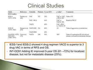    IESS-1and IESS-2 showed 4 drug regimen VACD is superior to 3
    drug VAC in terms of RFS and OS.
   INT-OO91:Adding IE improved 5-year OS (61→72%) for localized
    disease, but not for metastatic disease (25%).
 