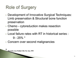    Development of Innovative Surgical Techniques:
    Limb preservation & Structural bone function
    preservation
   Chemo - cytoreduction makes resection
    possible
   Local failure rates with RT in historical series :
        9 - 25% *
   Concern over second malignancies

* Horonitz et al, Pediatr Clin Nor Am, 1991
                                                         35
 