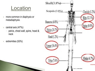 Skull(3.8%)

                                          Scapula (3.8%)

   more common in diaphysis or
    metadiaphysis

   central axis (47%):
    ◦ pelvis, chest wall, spine, head &
      neck

   extremities (53%)
 