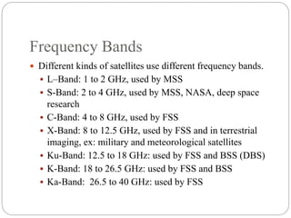 Frequency Bands
 Different kinds of satellites use different frequency bands.
 L–Band: 1 to 2 GHz, used by MSS
 S-Band: 2 to 4 GHz, used by MSS, NASA, deep space
research
 C-Band: 4 to 8 GHz, used by FSS
 X-Band: 8 to 12.5 GHz, used by FSS and in terrestrial
imaging, ex: military and meteorological satellites
 Ku-Band: 12.5 to 18 GHz: used by FSS and BSS (DBS)
 K-Band: 18 to 26.5 GHz: used by FSS and BSS
 Ka-Band: 26.5 to 40 GHz: used by FSS
 