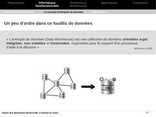 Présentation                    Informatique               Architecture          Applications   Conclusion
                                   GéoDécisionnelle             décisionnelle

L'informatique décisionnelle               Le concept d'entrepôts de données    SIG & SOLAP




  Un peu d'ordre dans ce fouillis de données


    « L'entrepôt de données (Data Warehouse) est une collection de données orientées sujet,
    intégrées, non volatiles et historisées, organisées pour le support d'un processus
    d'aide à la décision »                                                          Bill Inmon (1996)




Apport de la géomatique décisionnelle à l'analyse du risque                                                  7/21
 